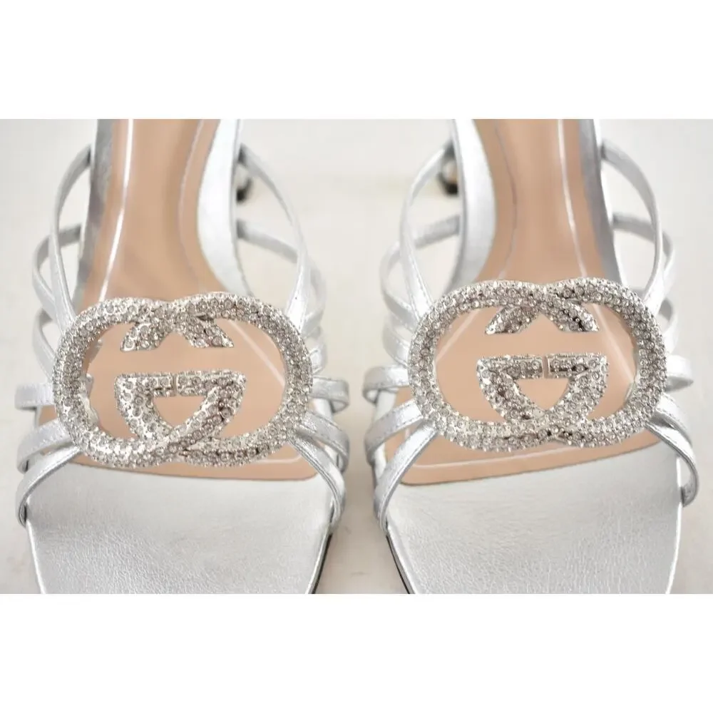 Gucci Interlocking G 85mm Silver Leather Crystal GG Logo Heel Mule Sandal 42